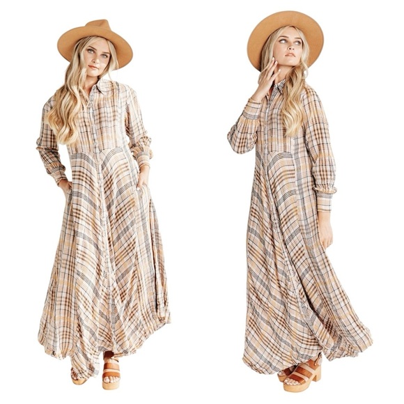 Free People Dresses & Skirts - Free People Sadie Plaid Maxi Boho Dress in Natural Combo Color
